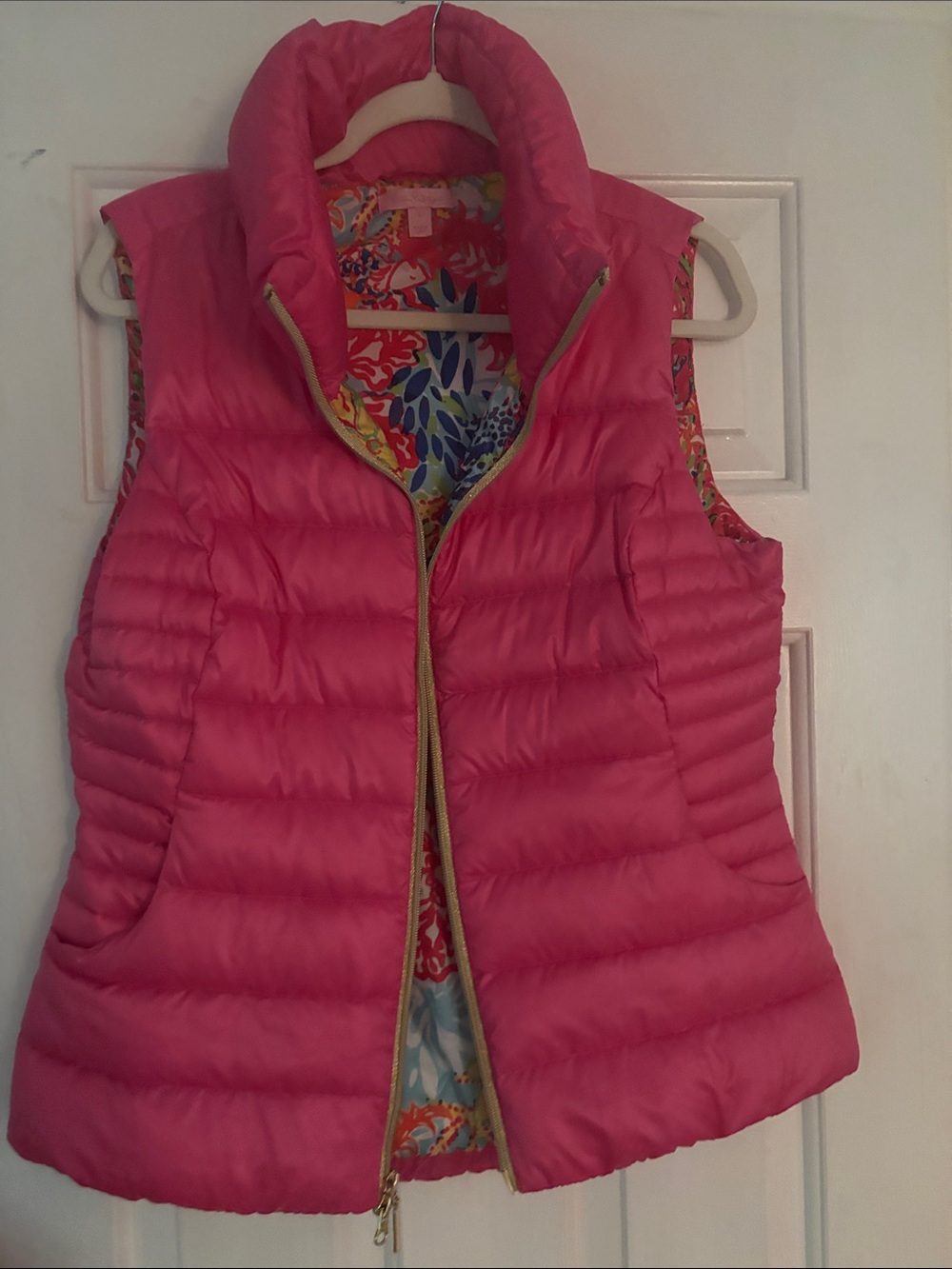 Lilly Pulitzer Bright Pink Quilted Puffer Vest with Floral Lining